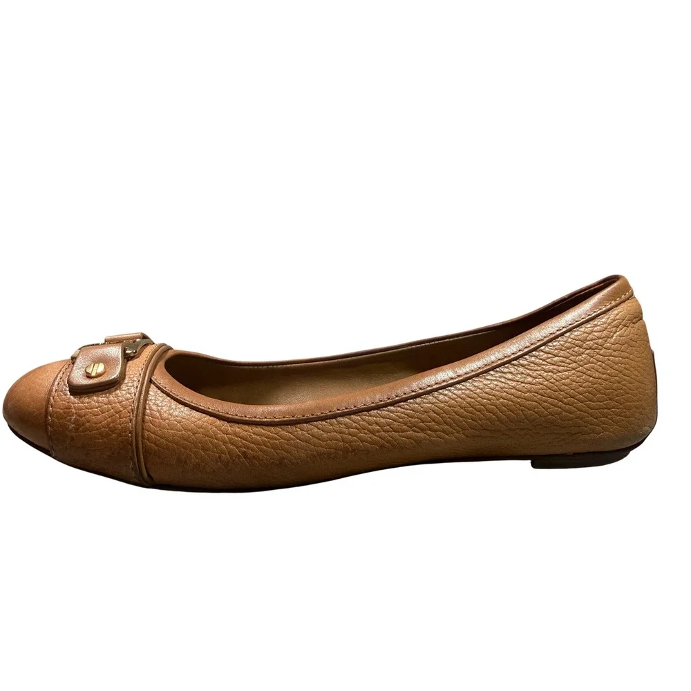 Tory Burch Reva Tan Tumbled Leather Logo Ballet Flats Gold Hardware Size 9M